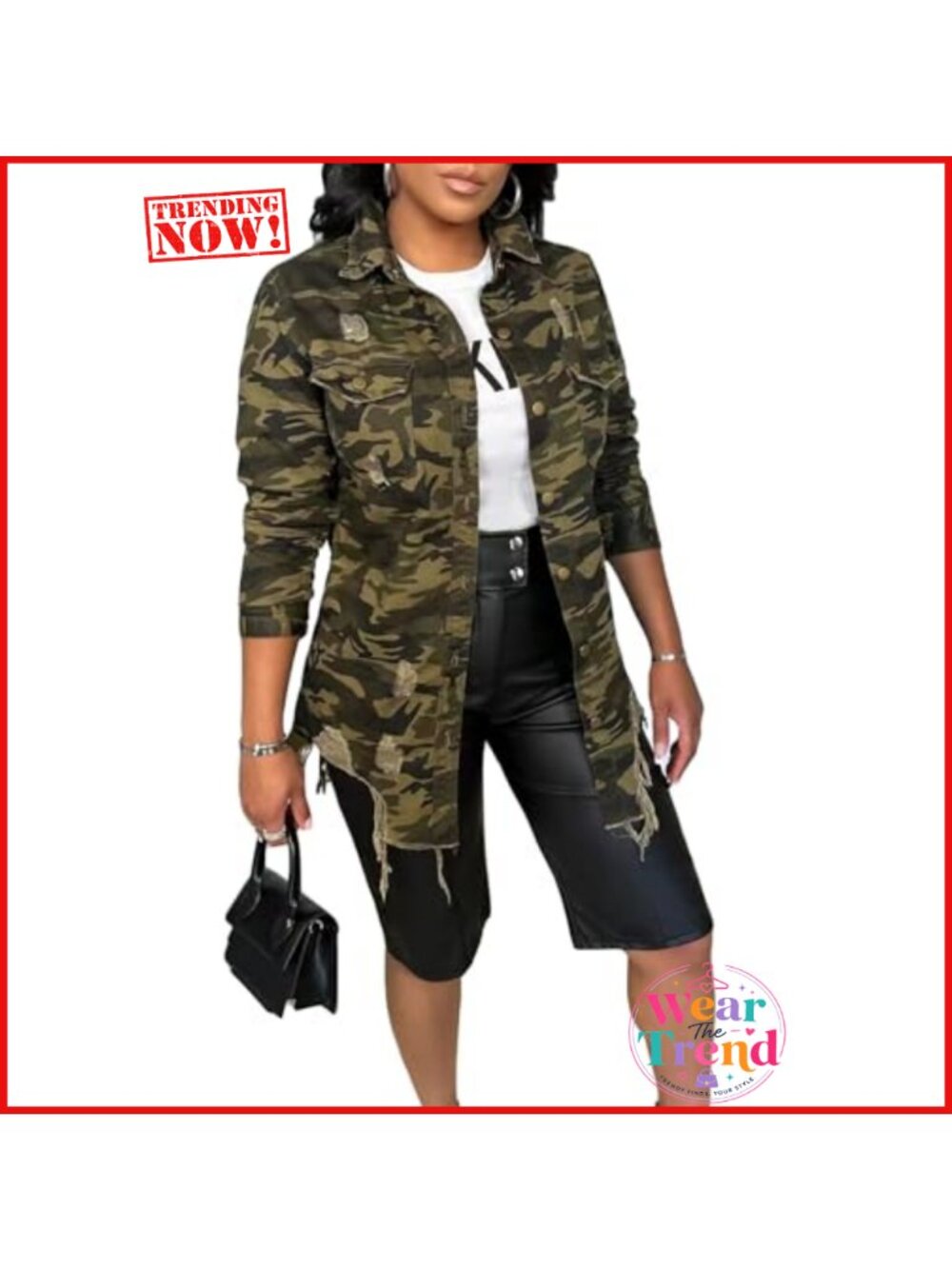 Ripped Camo Utility Jacket Button Down Pockets Oversized Fall Casual
